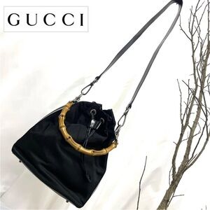 Gucci Black and Gold Bamboo Handle Shoulder Bag